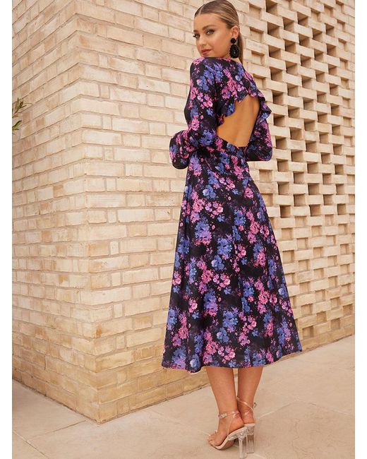 Chi Chi London Long Sleeve V Neck Floral Print Midi Dress in Black