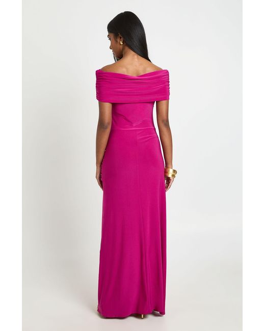 Boohoo Pink Ruched Bardot Trim Detail Maxi Dress