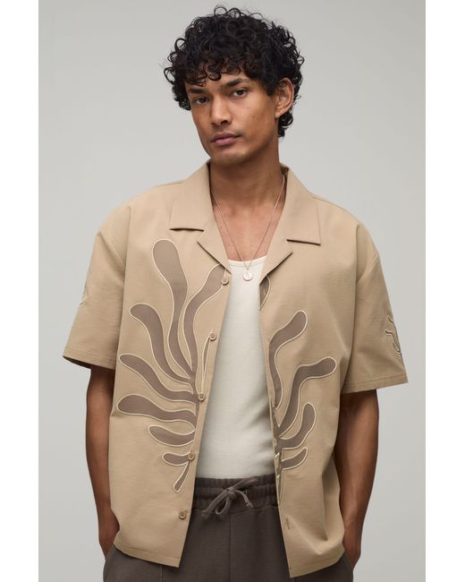 BoohooMAN Natural Oversized Boxy Palm Applique Shirt for men