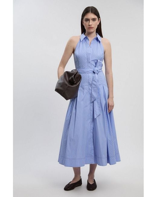 Karen Millen Blue Petite Cotton Collared Stripe Halter Neck Woven Midi Shirt Dress With Dropped Waist Detail