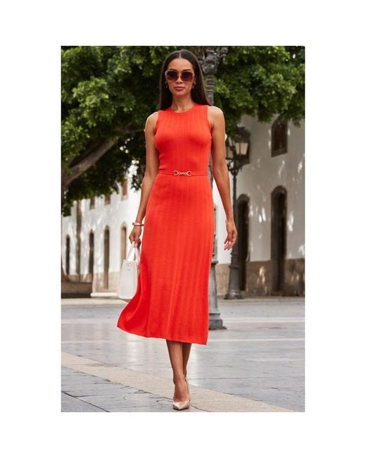 Sosandar Red Bright Ribbed Midi Dress With Luxe Waist Detail