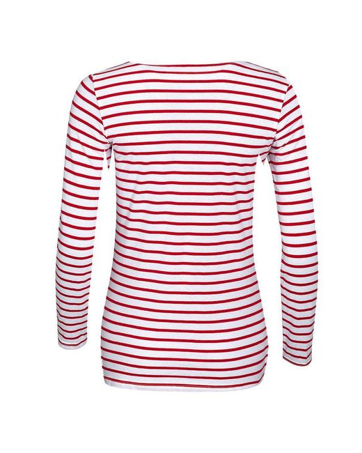 Sol's Red Ladies Marine Long Sleeve Stripe T-Shirt Cotton