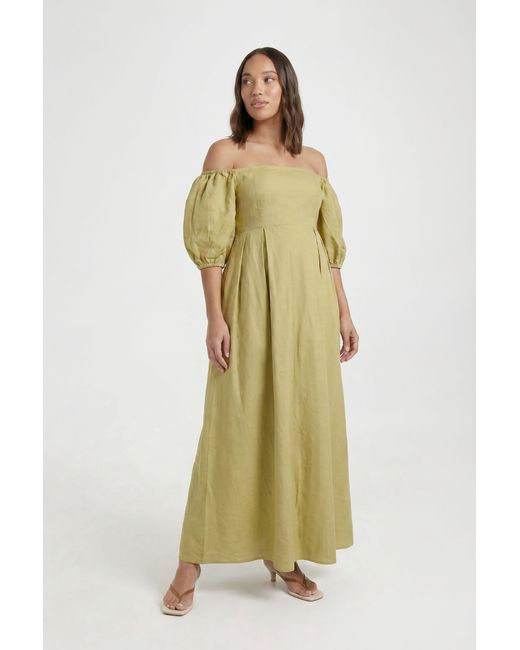 Boohoo Metallic Maternity Linen Puff Sleeve Bardot Maxi Dress