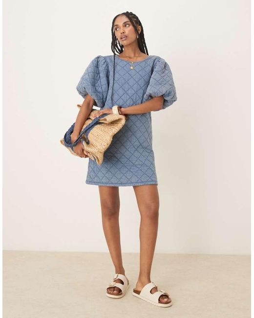 ASOS Blue Quilted Puff Sleeve Mini Dress