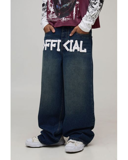 BoohooMAN Blue Tape Effect Crotch Print Baggy Jeans for men