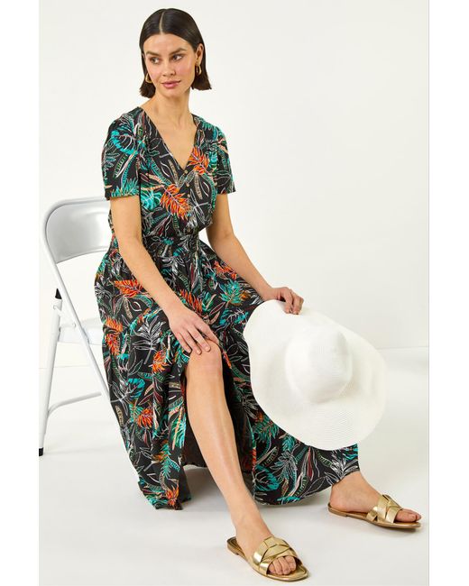 Roman White Leaf Print V-Neck Tiered Midi Dress