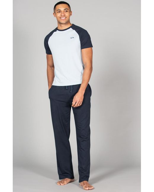 Tokyo Laundry Blue Cotton 2-Piece Short Sleeve Raglan Top And Jersey Bottoms Loungewear Set for men