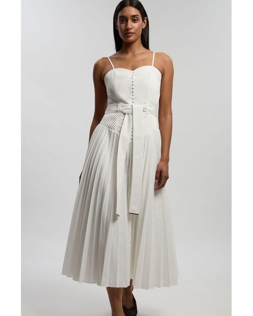 Karen Millen White Petite Cotton Top Stitch Dropped Waist Woven Strappy Midi Dress