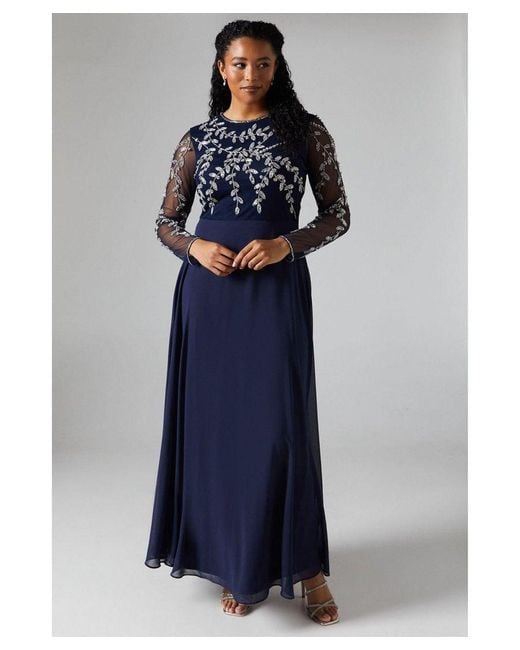 Coast Blue Encrusted Floral Applique Long Sleeve Embellished Bridesmaids Maxi Dress