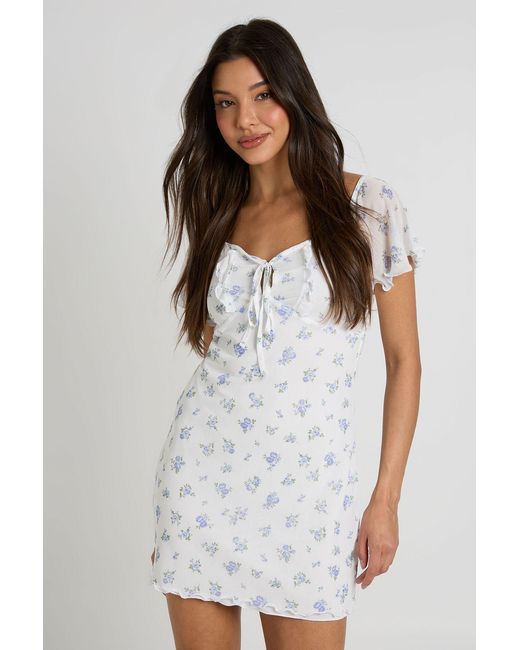 Boohoo White Ditsy Floral Mesh Angel Sleeve Tie Front Mini Dress