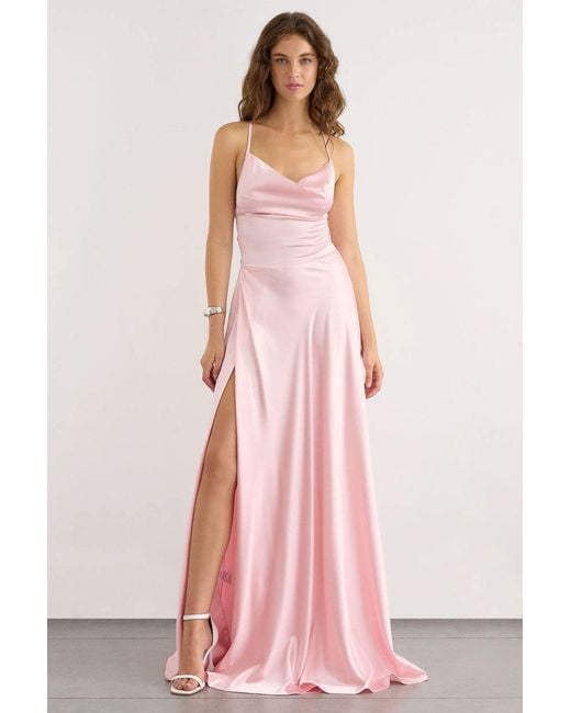 Hiccup Pink Satin Maxi Dress With Open Back And Slit