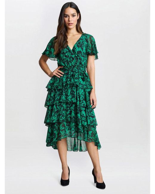 Gina Bacconi Green Lottie Elastic Waist Tiered Dress