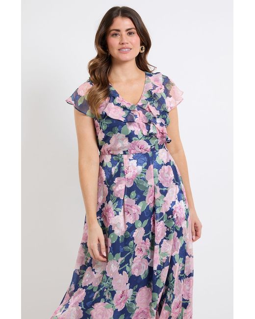 Wallis Blue Floral Burn Out Ruffle Midi Dress