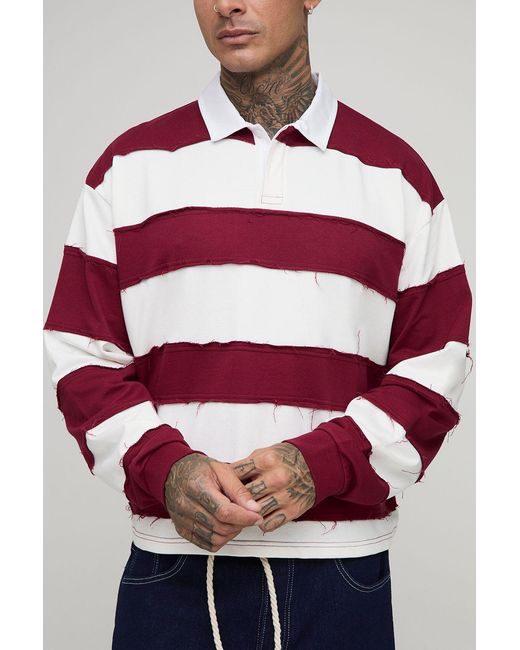 BoohooMAN Red Tall Oversized Boxy Distressed Long Sleeve Rugby Polo for men