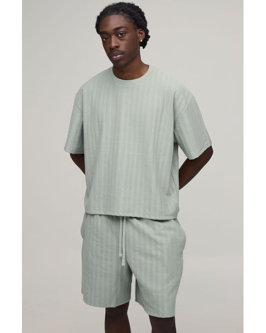 BoohooMAN Gray Oversized Shrunken Jacquard Stripe T-Shirt & Baggy Shorts Set for men