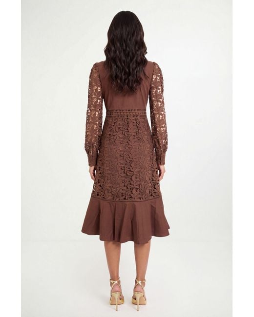 Wallis Brown Lace Insert Cotton Shirt Dress
