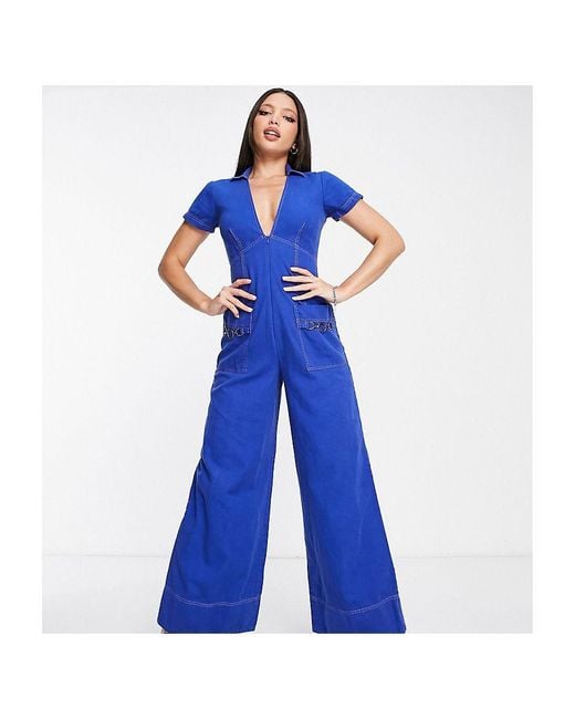 ASOS Blue Tall Twill Collar Jumpsuit With Wide Leg