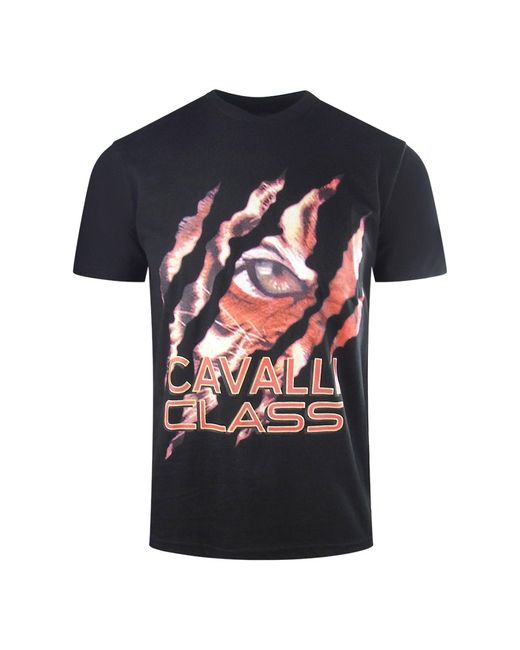 Roberto Cavalli Black Peeking Tiger Design T-Shirt Cotton for men