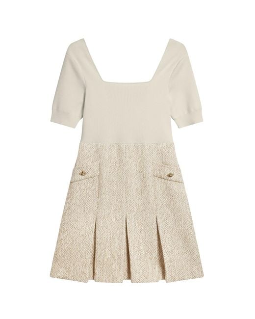 Ted Baker Natural Vulpad Knit Bodice Boucle Ivory Mini Dress