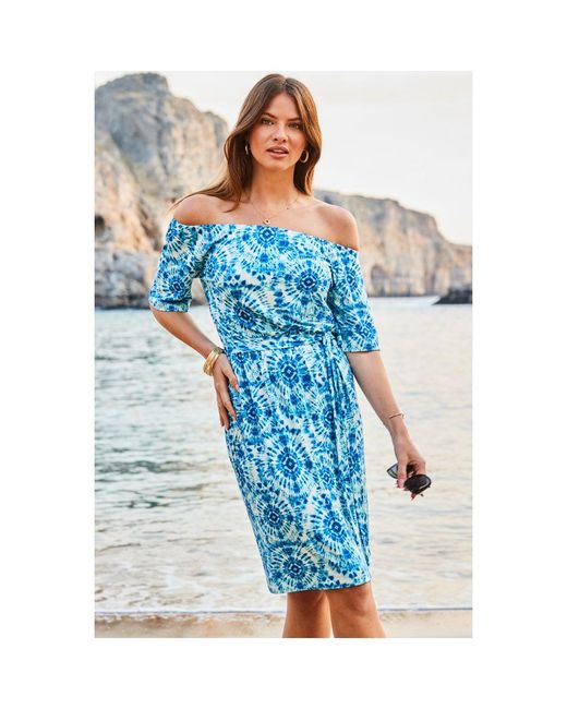 Sosandar Blue Tie Dye Print Tie Waist Bardot Jersey Dress