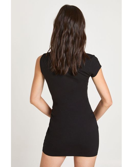 Boohoo Black Asymmetric Sleeve Pearlised Button Mini Dress