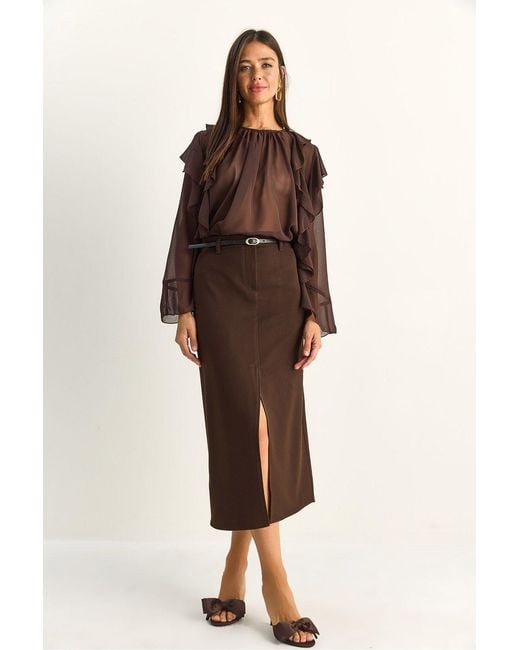 Bianco Lucci Brown High-Waist Midi Pencil Skirt With Slit