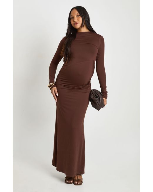 Boohoo Brown Maternity Ruched Side Detail Maxi Dress