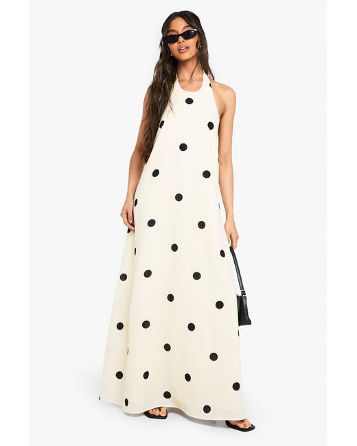 Boohoo Natural Large Polka Dot Linen Look Swing Dress