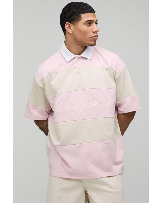 BoohooMAN Pink Oversized La Residence Embroidered Stripe Rugby Polo for men