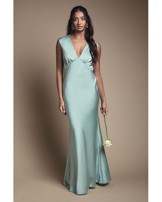 Oasis Green Sage Satin Open Back Detail Maxi Bridesmaid Dress