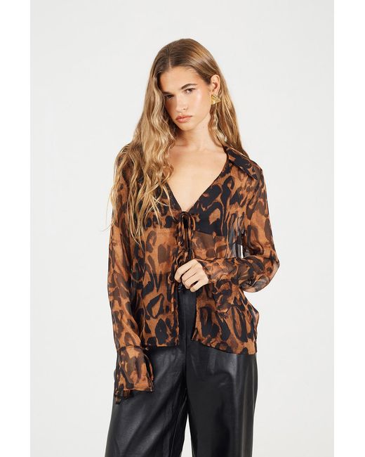 Brave Soul Brown Leopard Print Tie Front Blouse