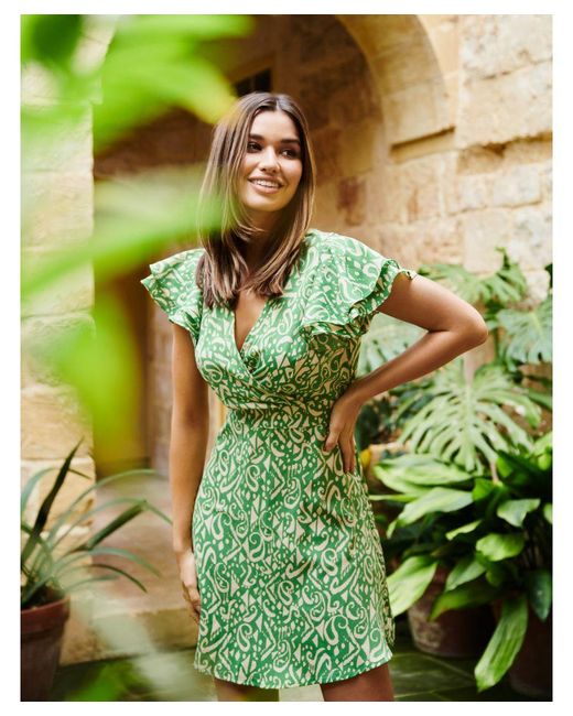 Blue Vanilla Green Aztec Wrap Ruffle Frill Sleeve Mini Dress