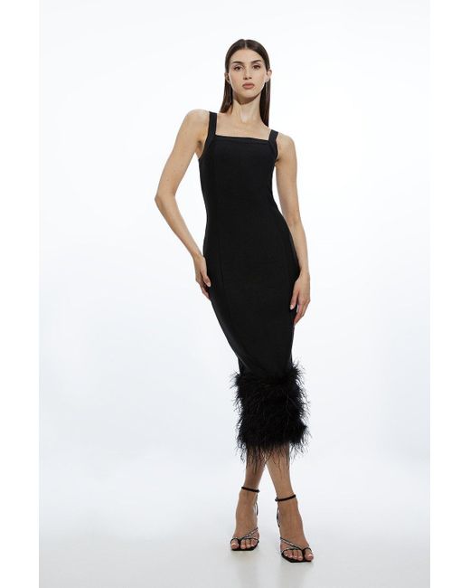 Karen Millen Black Figure Form Bandage Feather Hem Knit Midi Dress
