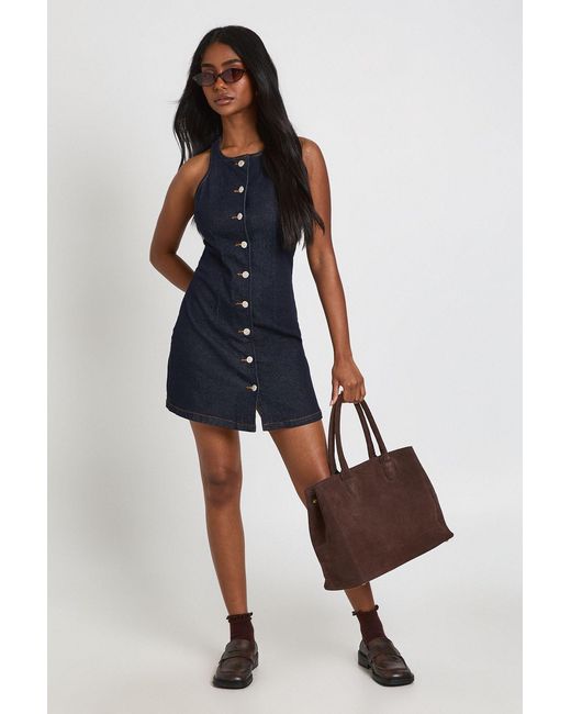 Boohoo Blue Sleeveless Cinched Waist Denim Mini Dress
