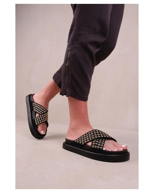 Where's That From Black 'Zenith' Flat Sandals With Cross Over Pressed Studs Straps Faux Leather