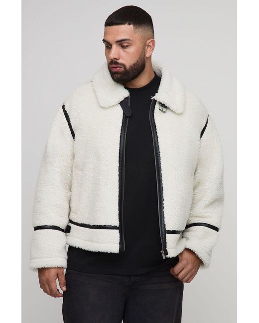 BoohooMAN Multicolor Plus Boxy Oversized Pu Trim Borg Aviator Jacket for men