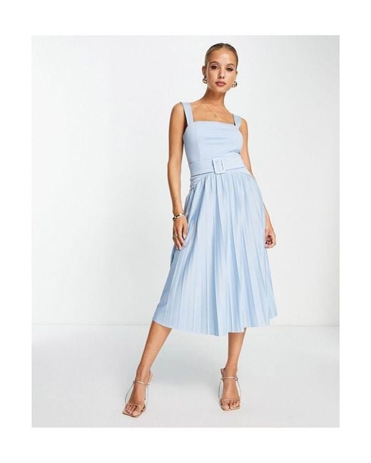 ASOS Blue Square Neck Dropped Waist Belted Pleated Midi Dress
