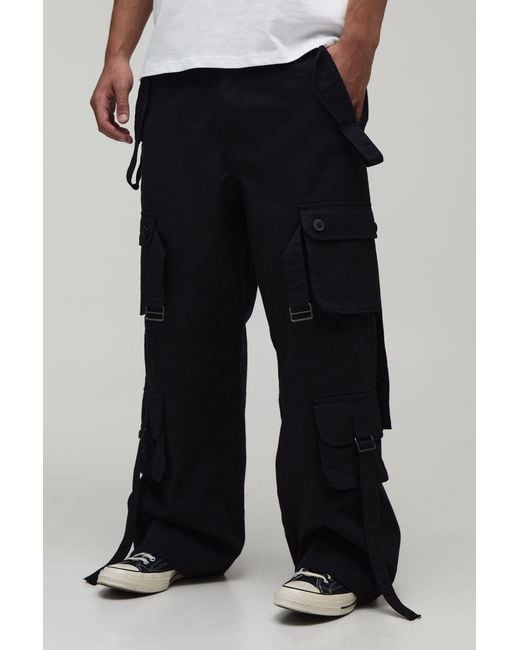 BoohooMAN Black Wide Leg Strap Detail Cargo Washed Trouser for men
