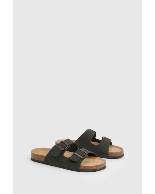 Boohoo Black Double Strap Footbed Buckle Sliders