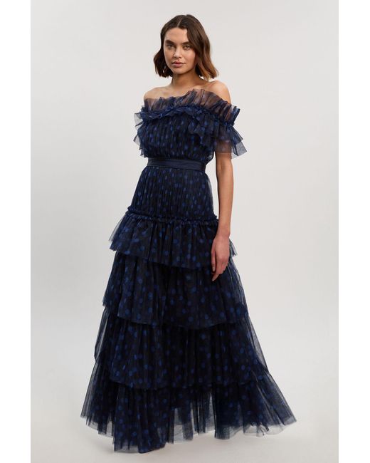 Karen Millen Blue Polka Dot Tulle Layered Off The Shoulder Maxi Dress