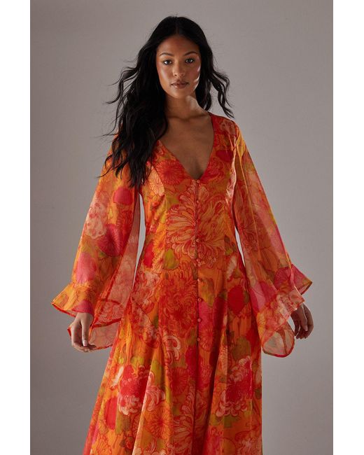 Warehouse Red Chiffon Bohemian Button Through Maxi Dress