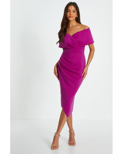 Quiz Purple Raspberry Bardot Ruched Wrap Midi Dress