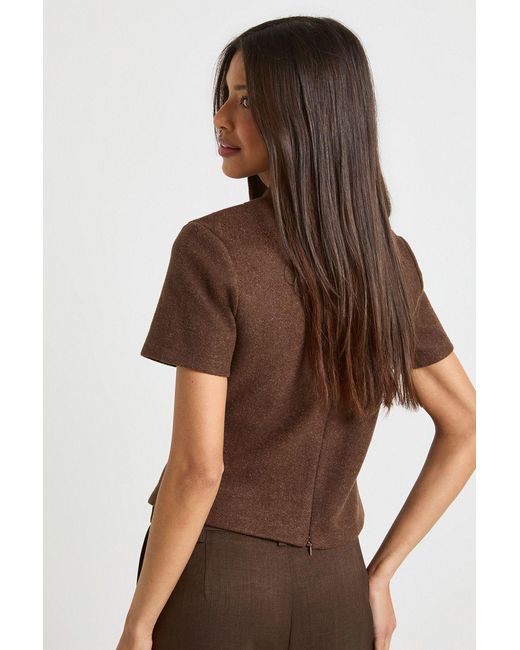 Boohoo Brown Wool Look Keyhole Button Top