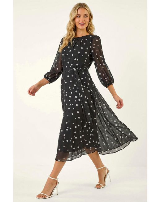 Roman Black Spot Print Pleat Neck Midi Dress