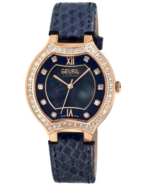 Gevril Blue Lugano Swiss Diamond Mop Dial Genuine Italian Handmade Leather Watch