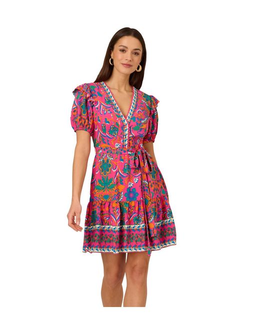 Adrianna Papell Red Printed Short Flounce Dress