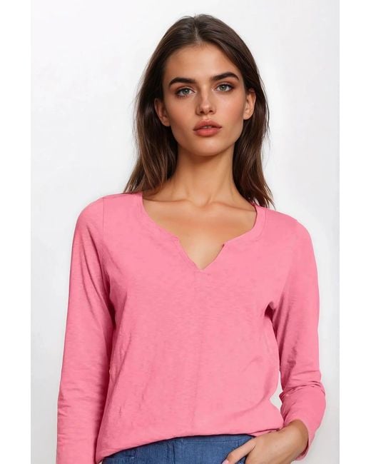 White Stuff Pink Notch Neck Long Sleeve Cotton Top