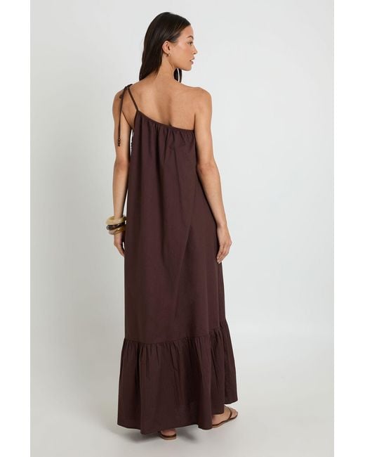 Boohoo Brown Tall Beaded Tie One Shoulder Smock Maxi Dress