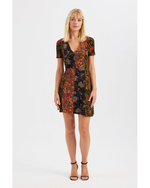 Hiccup Multicolor Floral V Neck Short Sleeve Mini Dress