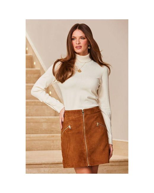 Sosandar Brown Tan Suede Zip Front A-Line Skirt